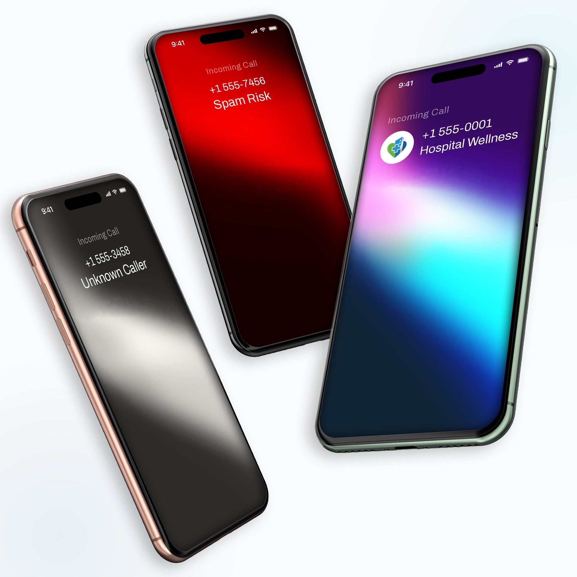 Three phone screens showing the same incoming call: Unknown Caller, Spam Risk, and a branded listing with the hospital name and logo.