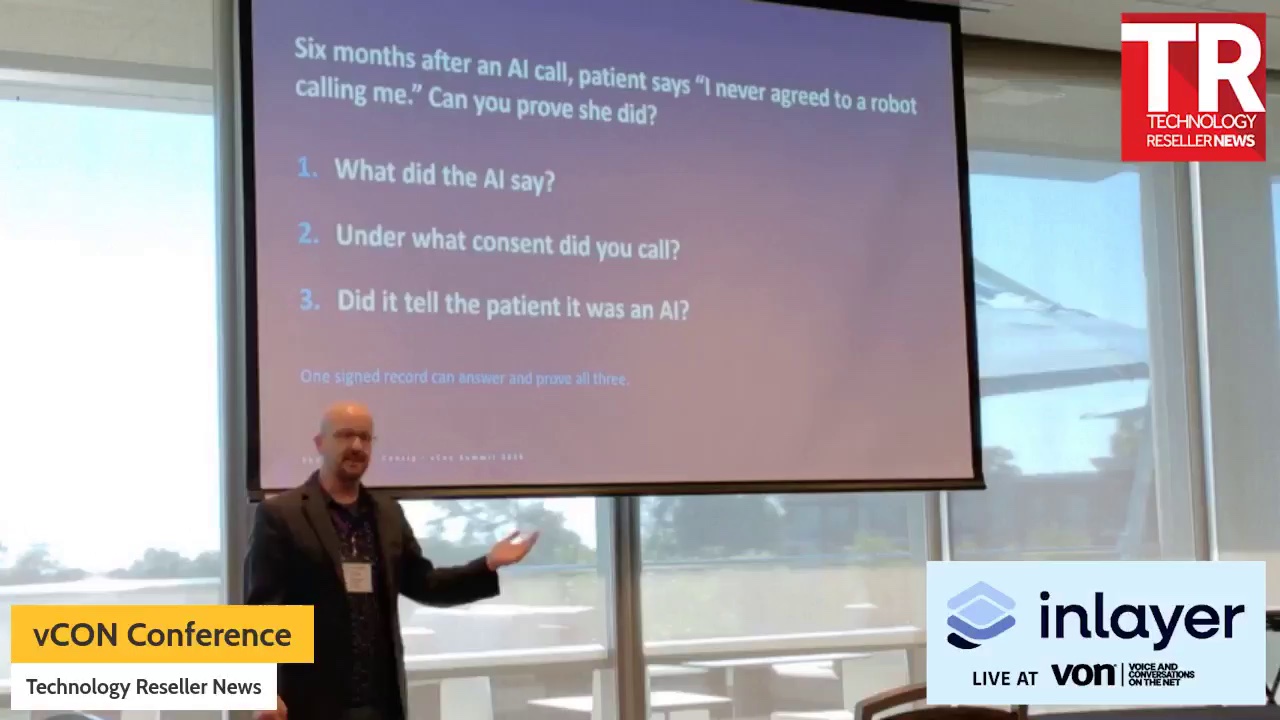 Shai Berger on stage at the vCon Summit, presenting a slide that asks whether you can prove a patient agreed to an AI call.